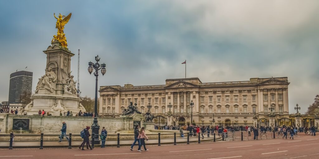 Vacation in London, view of Buckingham Palace from St James’s Park in summer