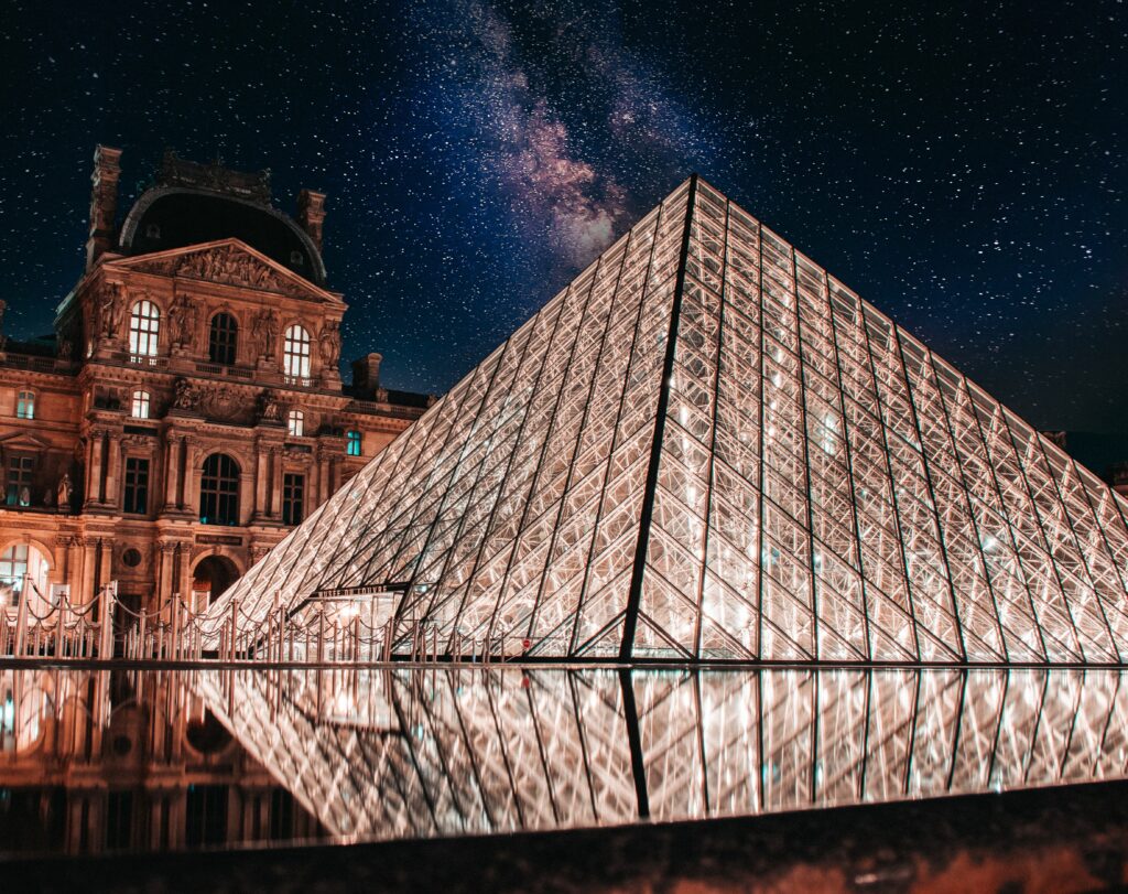 Day trip London to Paris, Louvre Museum illuminated at night